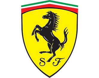 Ferrari logo, featuring a black prancing horse on a yellow shield with the colours of the Italian flag at the top.