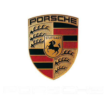 Porsche logo, featuring a black horse and antlers with red and black stripes, symbolising the luxury sports car manufacturer.